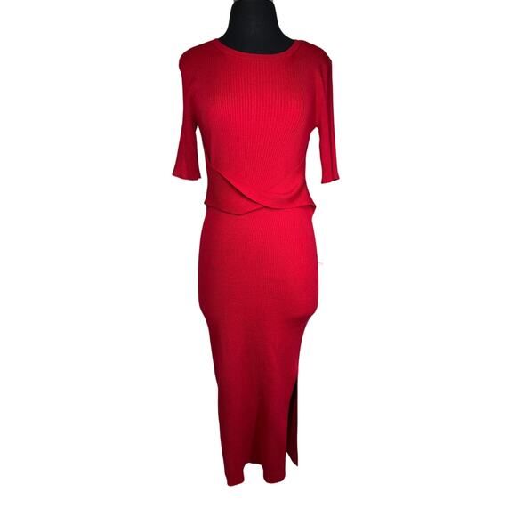 Calvin Klein Ribbed Knit Slim Bodycon Maxi Sweater Dress Short Sleeve Red Sz M - Picture 1 of 13